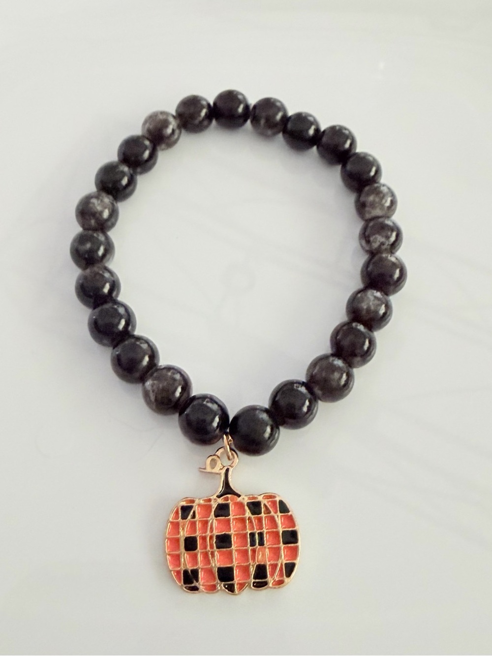 Black Beaded Bracelet with Orange Pumpkin Charm Fall Festive Jewelry